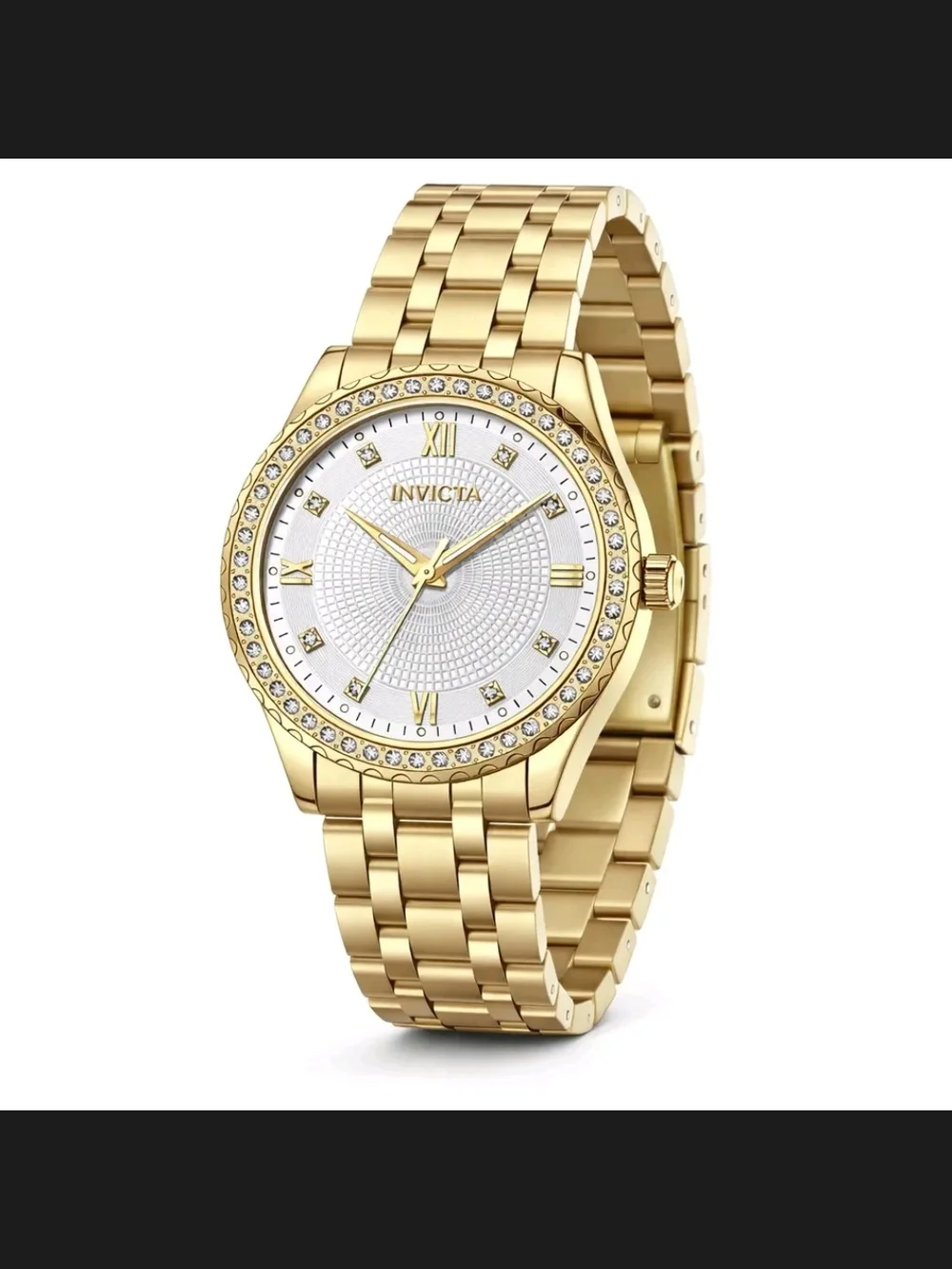 Invicta Gold Tone Watch with White Dial and Crystal Accents 40mm